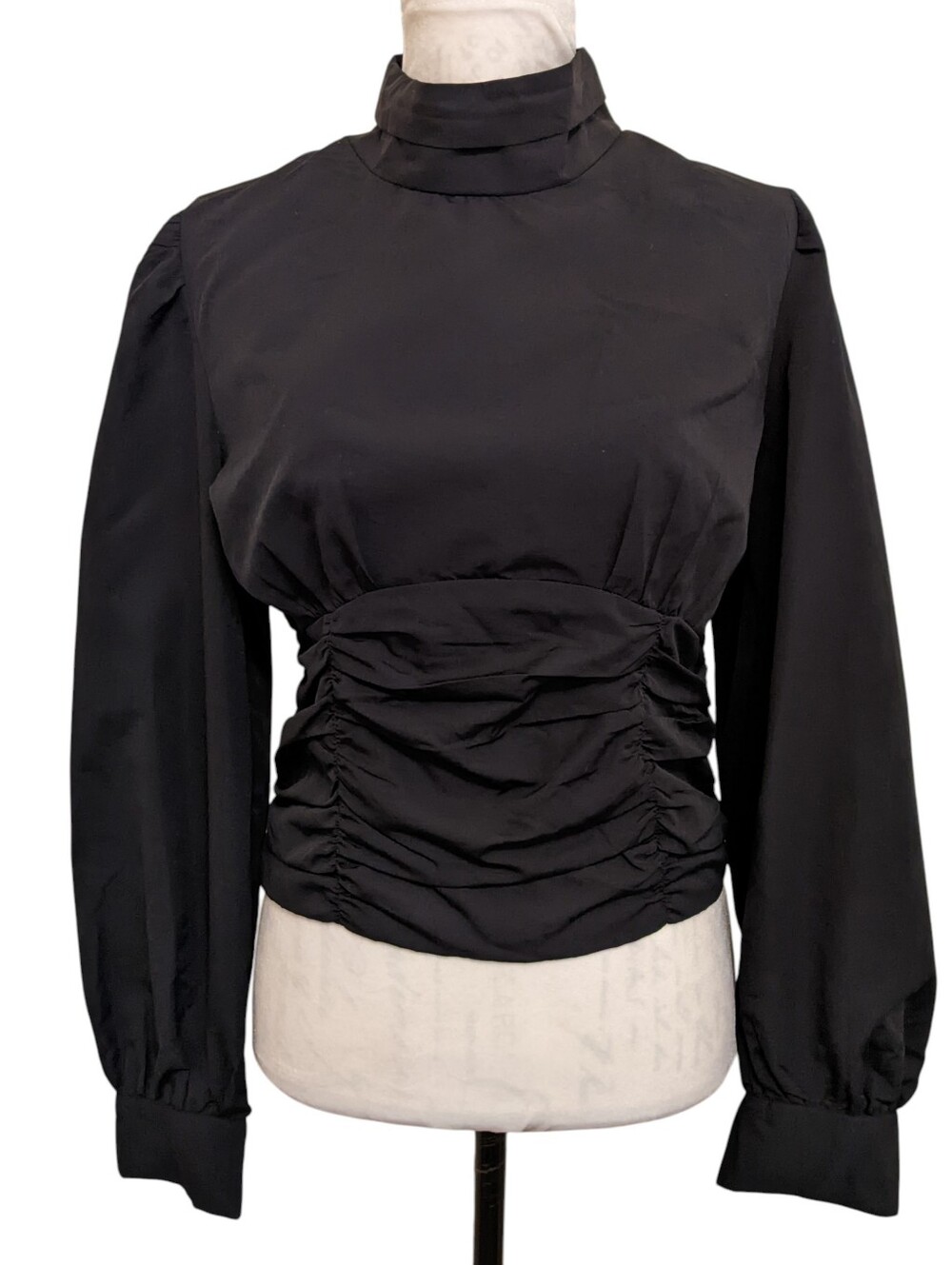Women's Black Ruched High-Neck Whimsigoth Victorian Smocked Top Large